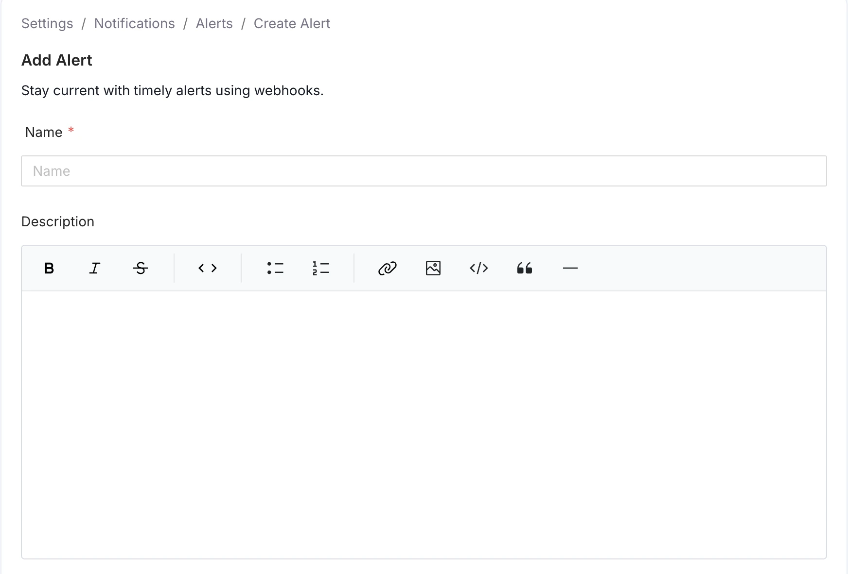 Input fields for Alert Name and Description