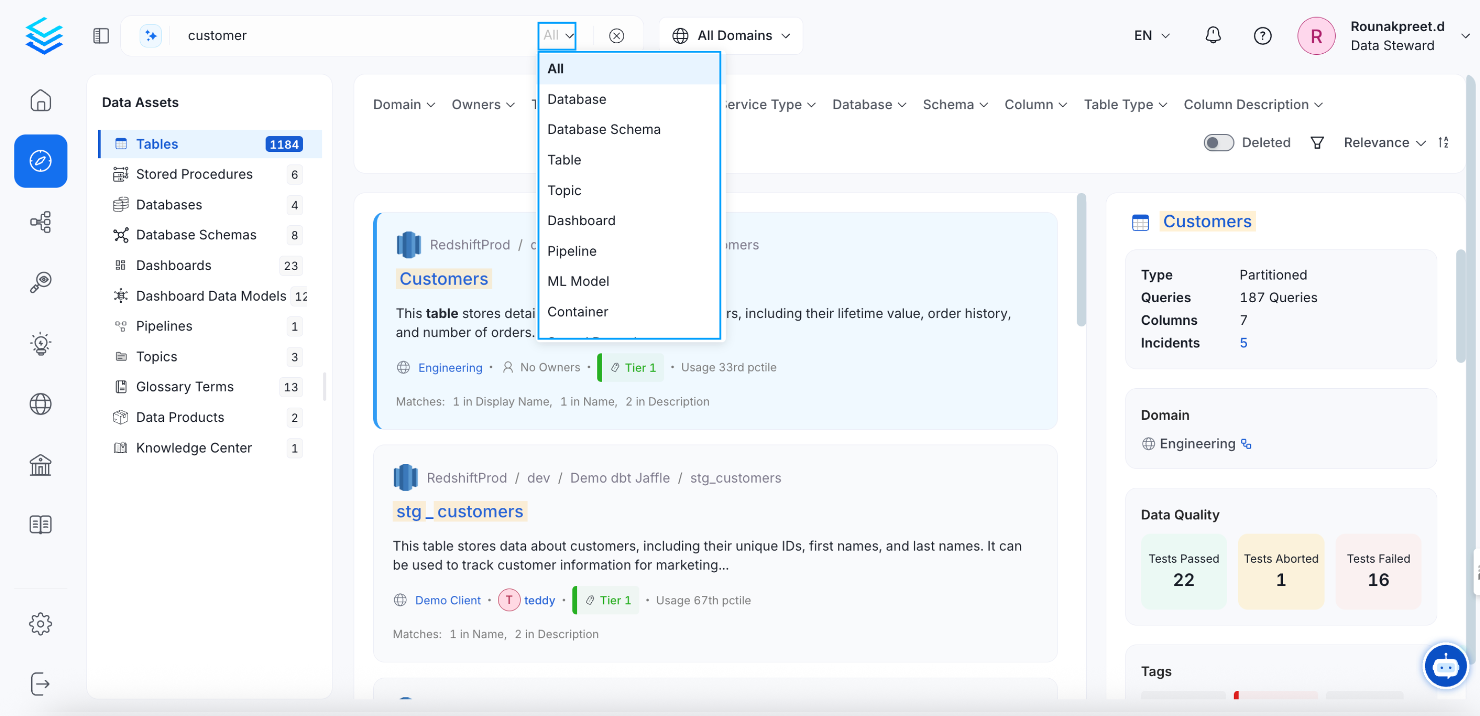 Filter by the Type of Data Asset