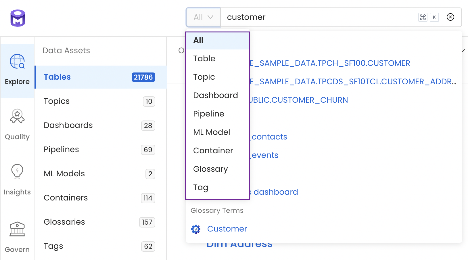 Filter by the Type of Data Asset