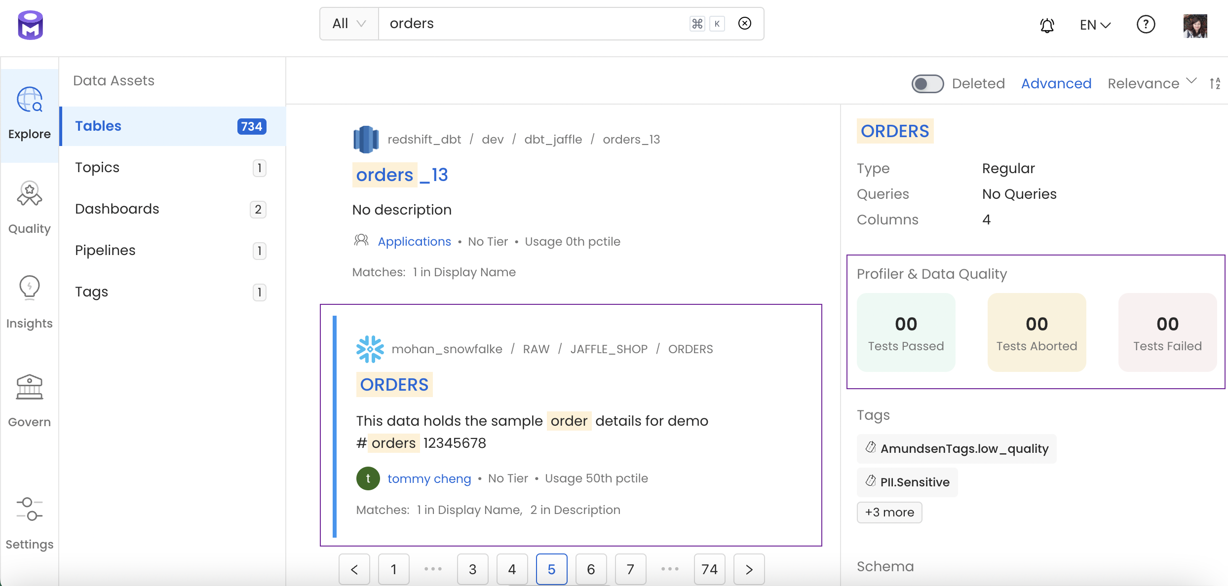 Quick Glance of the Data Quality and Profiler Metrics