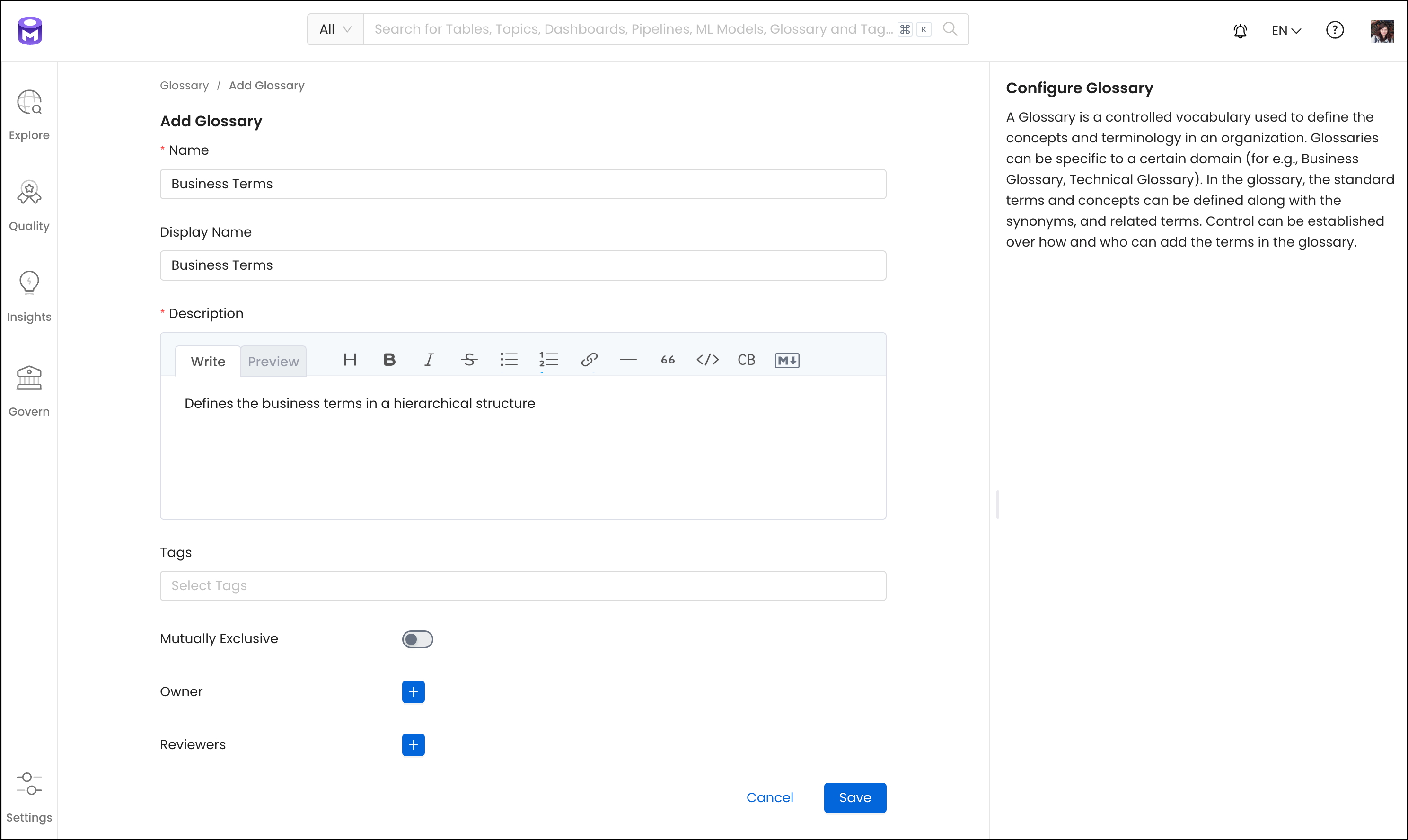 Configure the Glossary