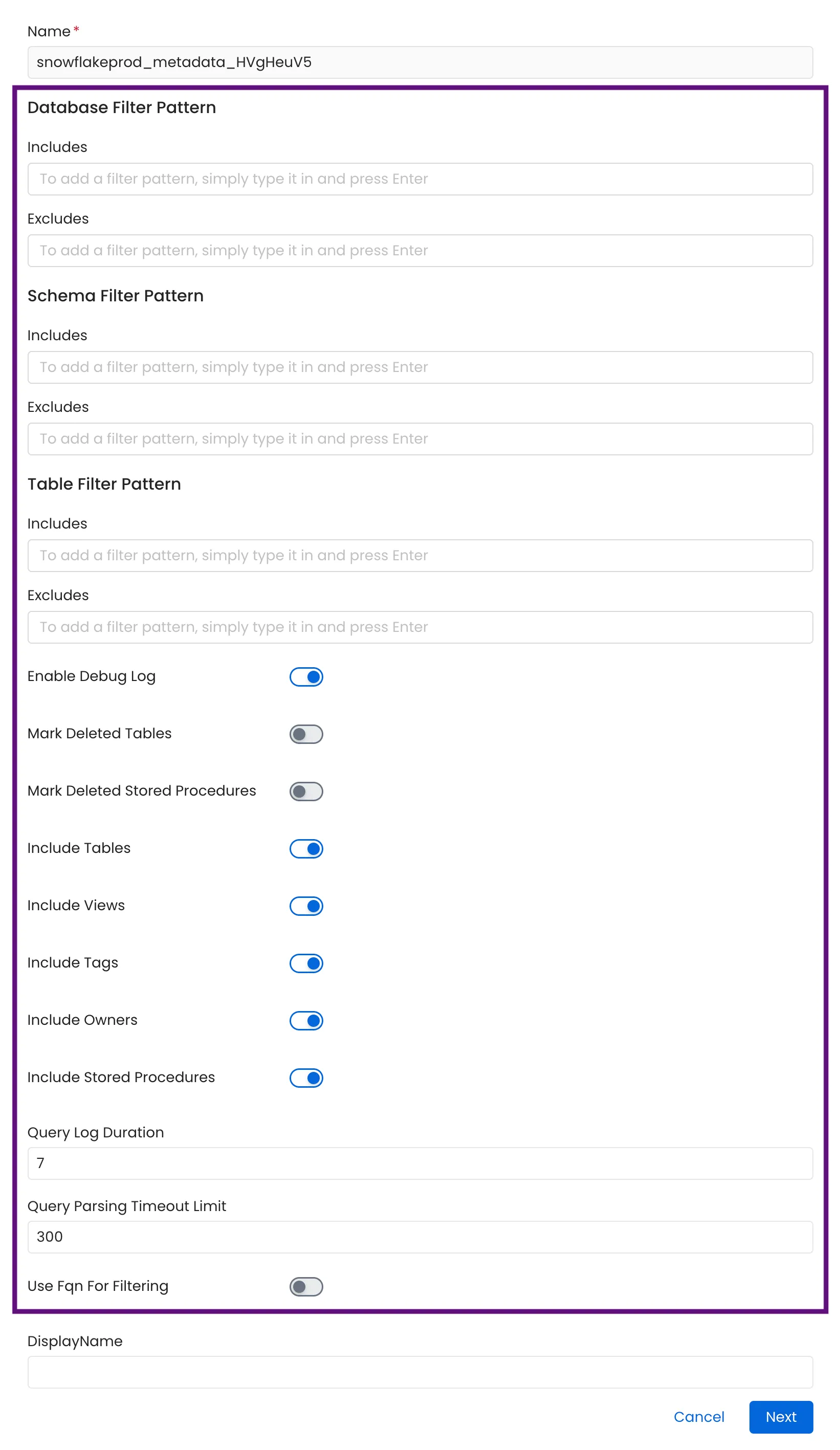 Database Filter Pattern Fields