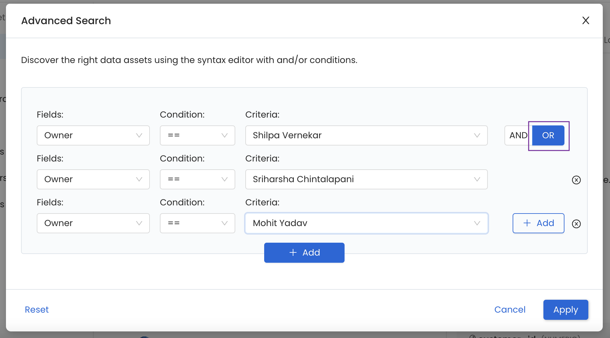 Grouped Condition based on the Owner of the Data Assets