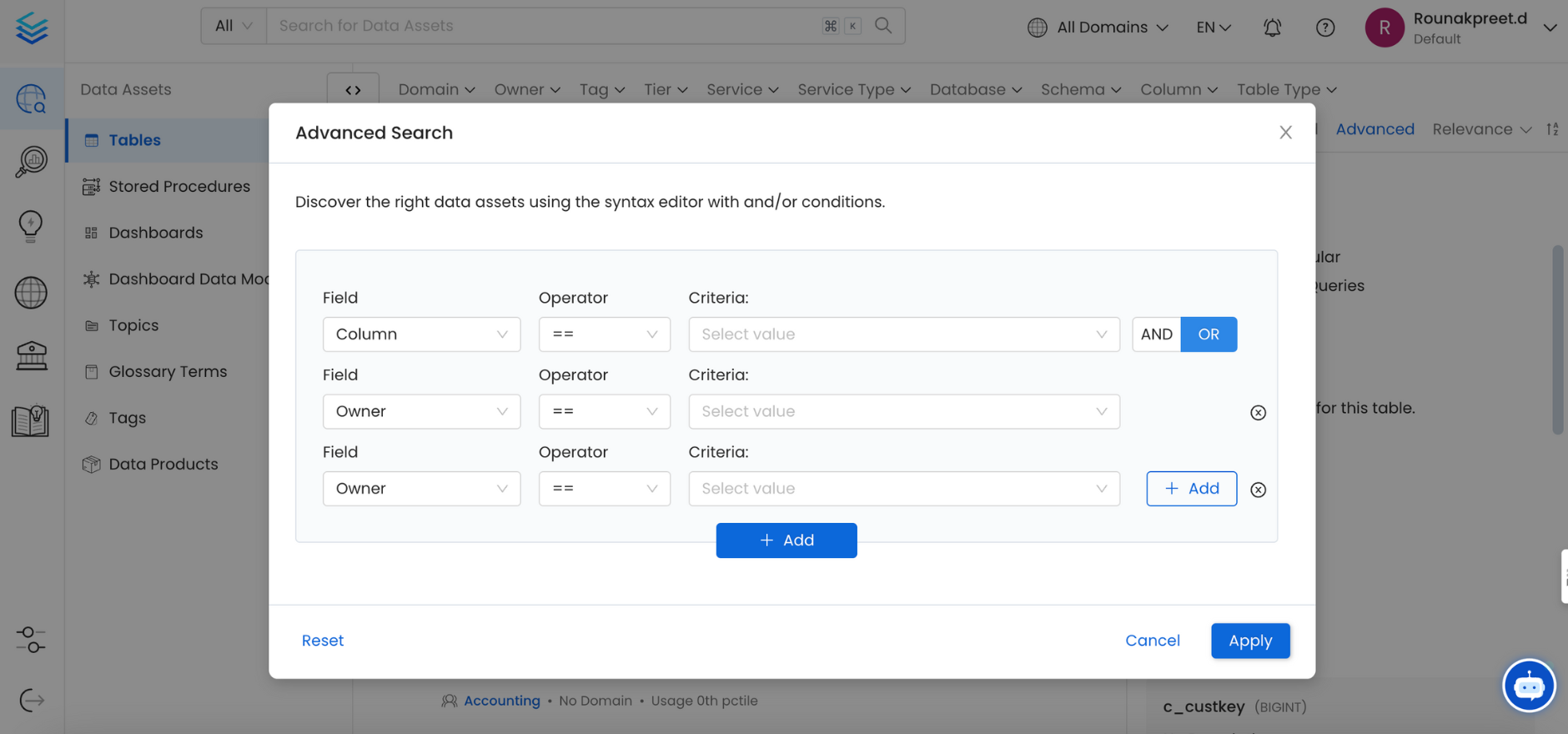 Grouped Condition based on the Owner of the Data Assets