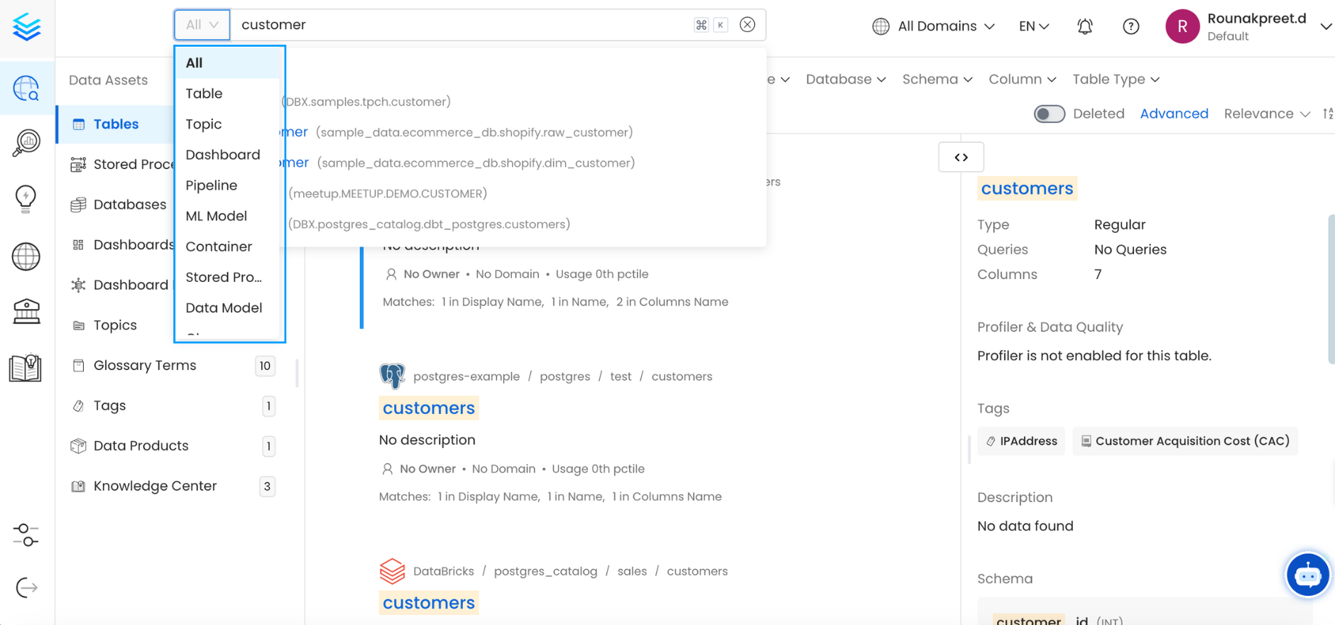 Filter by the Type of Data Asset