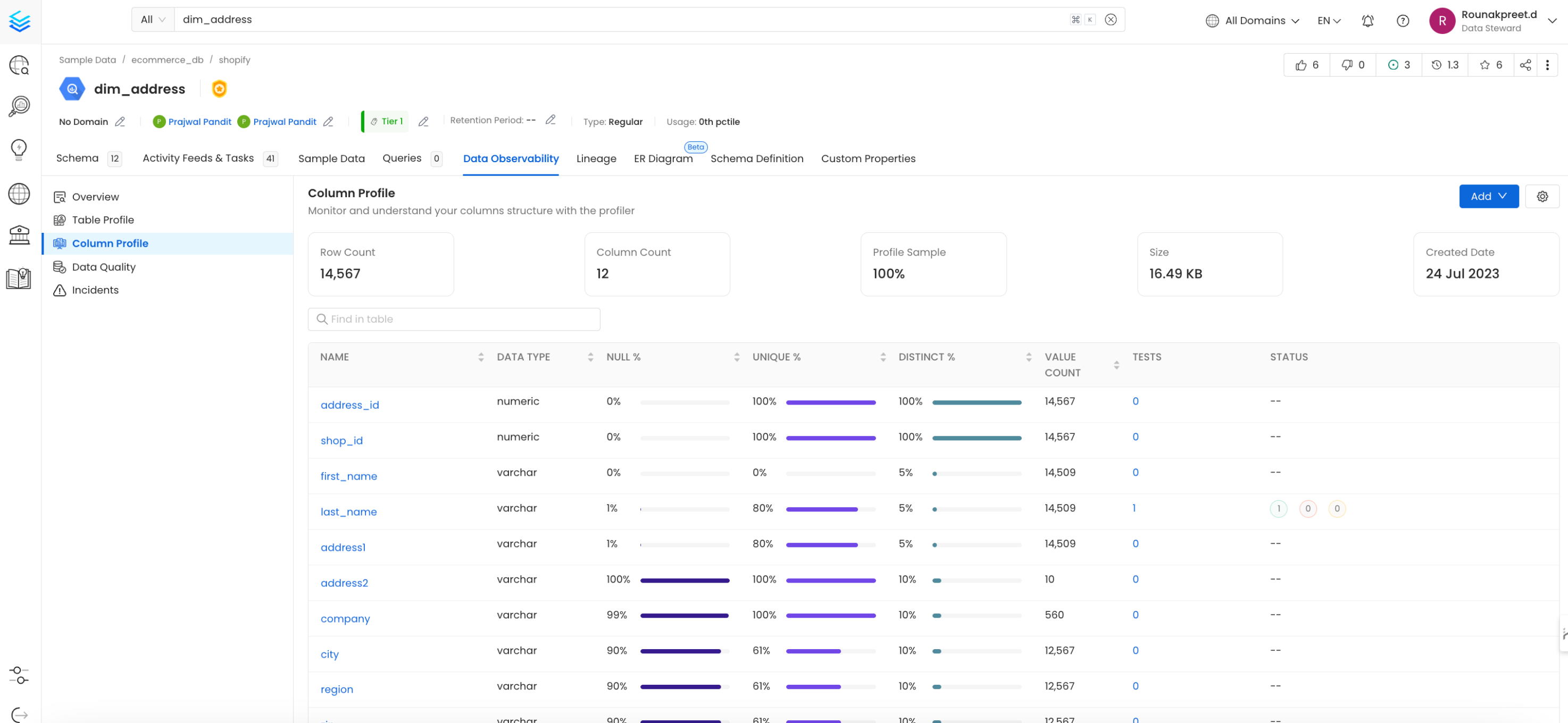 Column profile summary page